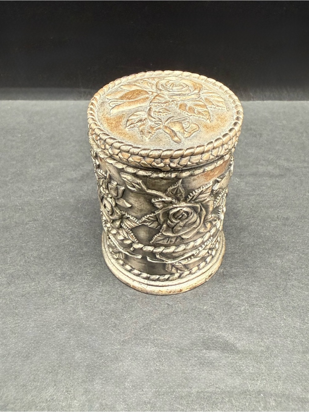 Pewter Postage Stamp Roll Dispenser - Embossed Roses Floral Design Vintage Rare